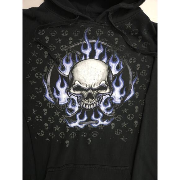Vintage Y2K Skull Flame Cross Hoodie 2XL Black Goth Emo Grunge Pullover Sweater - Picture 4 of 8